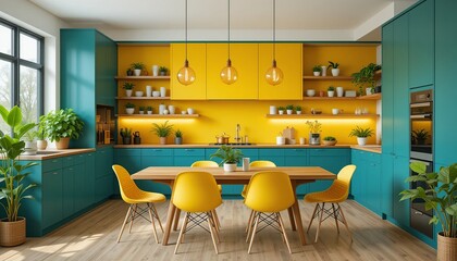 Bright kitchen with yellow walls and teal cabinets featuring a dining table with yellow chairs, indoor plants, and modern lighting.