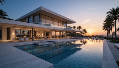 Fototapeta premium Luxury villa overlooking a pool during sunset, offering scenic views, minimalist design, and refined taste