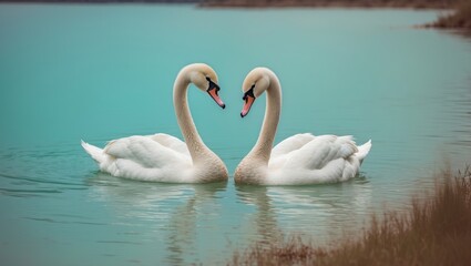 Fototapeta premium Couple of Tundra Swans swimming in a lake at a Nature Reserve
