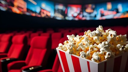 A close-up of a popcorn bucket in a movie theater with empty red seats and a screen in the background. Concept Popcorn Bucket Close-Up, Movie Theater Ambiance, Empty Red Seats, Cinematic Atmosphere