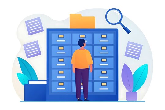 Flat vector illustration of an office worker searching digital archives in a file cabinet with blue folders, floating documents, and magnifying glass icon, representing data organization 