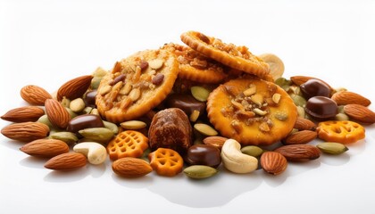 Fototapeta premium Delicious Mix of Savory Crackers and Nuts Assorted on a White Background