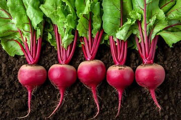 Fresh red beetroots with bright green leaves lined up on dark soil background, showing whole vegetables from root to stem in vibrant natural lighting.
