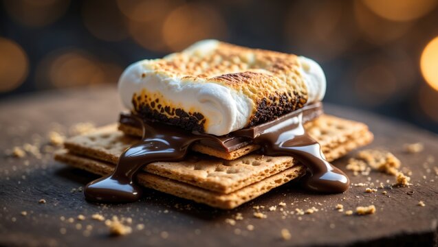 S'mores: A delightful campfire snack created by layering roasted marshmallows and melted chocolate between two crackers for a sweet, gooey indulgence.