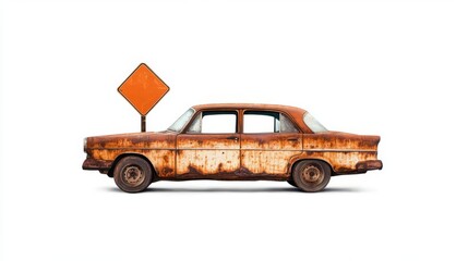 A vintage rusty car parked against a blank background showcasing its weathered texture and character.