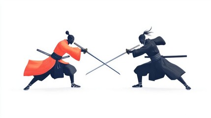 Fototapeta premium Traditional samurai warriors engage in a duel, showcasing skill and heritage with swords in a dynamic pose.