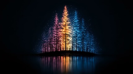 Mystical forest silhouette illuminated by colorful lights reflecting on calm water surface at night, creating magical atmosphere with pink, orange and blue glow.