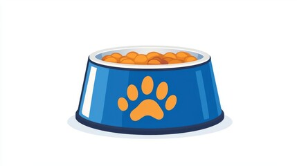 A vibrant blue pet food bowl filled with kibble, featuring a paw print design for a playful touch.