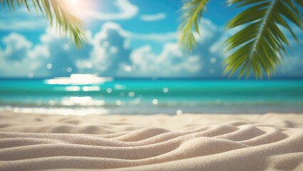 Fototapeta premium Tropical white sand beach backdrop featuring a green palm leaf.