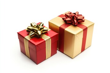 Obraz premium Two wrapped gifts with bows a red one and a gold one on a white background studio shot close up view