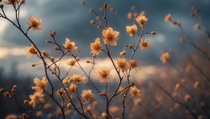 Twisting branches, gently embellished with golden blossoms, extend against a backdrop of a cloudy sky, capturing the tranquil transition of autumn as daylight fades.