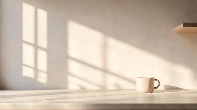 Sunlit kitchen counter with coffee cup.
