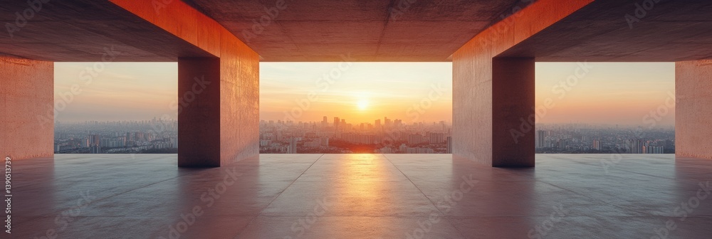 Poster brutalist urban horizon minimalist concrete sanctuary revealing sunset cityscape - transformative wo