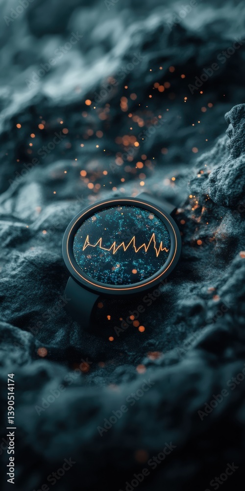 Poster futuristic health pulse immersive wearable tech with luminescent biometric visualization in dark ele