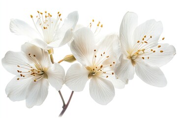 Fototapeta premium A close up of several white flowers with yellow stamens on a branch against a white background