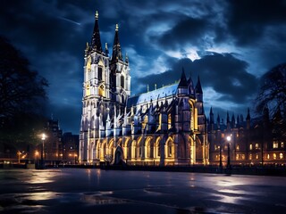 Illuminated Gothic Cathedral under a Dramatic Night Sky