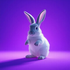 A fluffy white rabbit stands on its hind legs against a vibrant purple background, creating a strong contrast that emphasizes its features. The lighting enhances the rabbit's soft fur