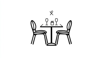 Fototapeta premium Simple outline drawing of a table and chairs for two in a restaurant. Possible use for restaurant menus or brochures