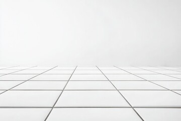 A minimalist perspective of white square tiles on a floor with a plain white background in the distance