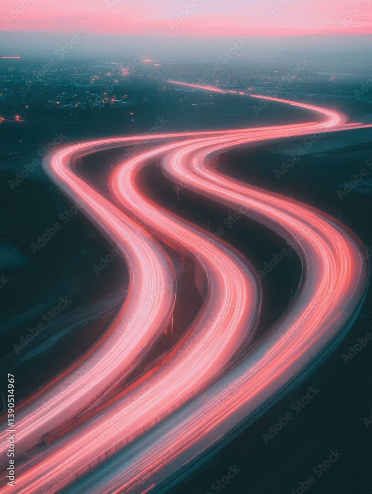 Poster cyberpunk urban mobility neon light trails revealing next-gen transportation networks in dynamic twi