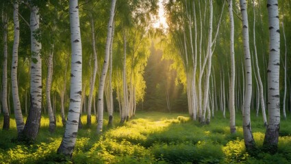 Obraz premium summer birch forest illuminated by the sun