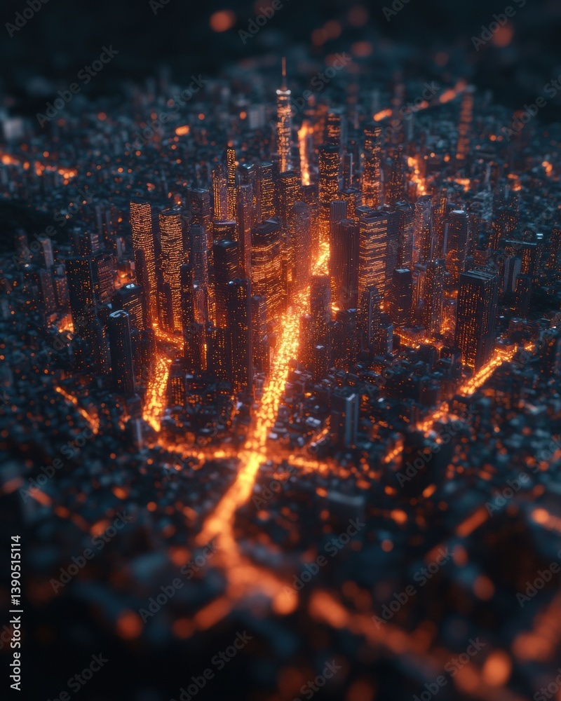 Aufkleber Futuristic Urban Data Nexus Glowing Cybernetic Cityscape Visualizing Digital Economic Transformation and Technological Innovation in Immersive Mapping