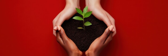 Regenerative Leadership Multicultural Hands Nurturing Green Growth Against Vibrant Red - Sustainable Innovation and Collective Environmental Empowerment for Next-Gen Strategies