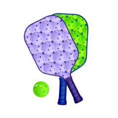 Pickleball rackets with a pattern of green and violet pickleball balls