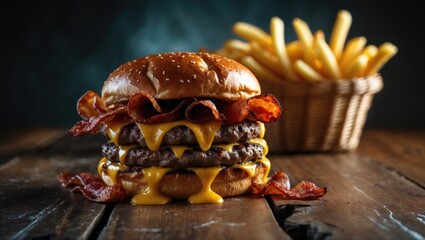 triple smash burger with bacon on a rustic table