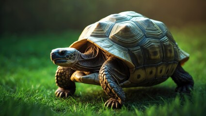 Fototapeta premium Turtle on grass adorable pet turtle. Animal care and treatment idea.