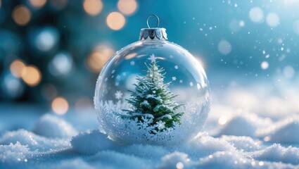Transparent glass Christmas ornament in snow