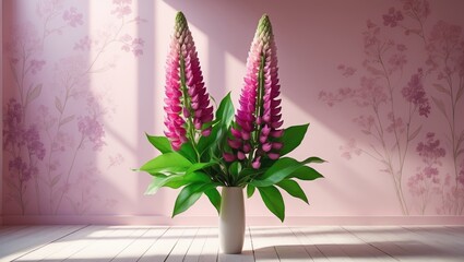 Two pink lupine blooms arranged in a vase