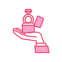 Minimal Line Art Vector of a Hand Holding a Ring Box with Diamond Engagement Ring in Pink Color for Romantic Proposals