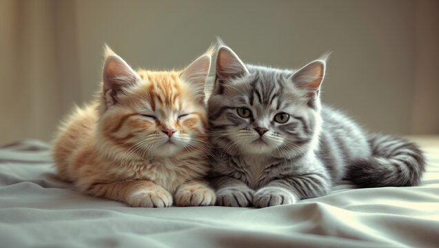Two adorable gray kittens, breed Scottish-Fold, rest side by side on a grey backdrop.