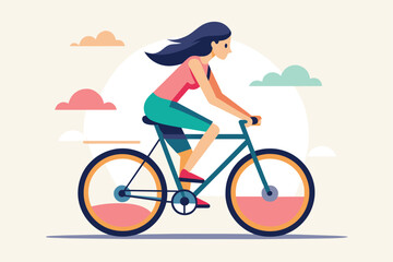 A woman cycling confidently on a stylish bicycle against a pastel background with gentle clouds, enjoying a sunny day in a vibrant, artistic style.