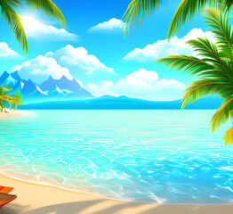 Fototapeta premium Assorted beach accessories including hats, starfish, shells, and tropical flowers laid on a white wooden background,generative ai