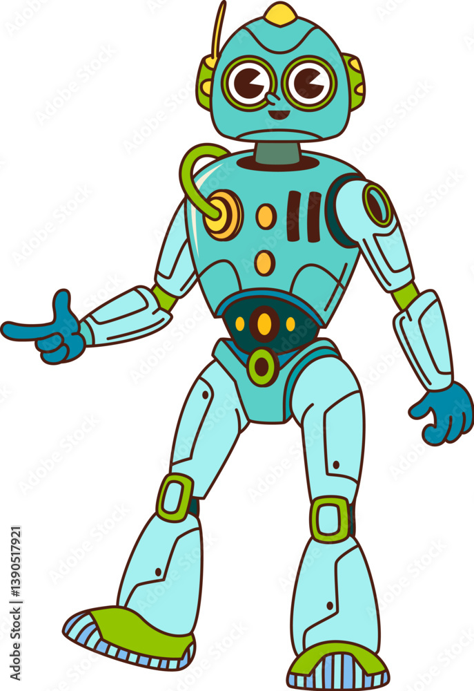 Fototapete cartoon groovy robot and droid character, futuristic and friendly metallic robotic humanoid machine 