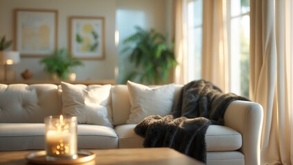 Neutral tones and light wood accents in a bright, airy living room create a cozy atmosphere, enhanced by a softly blurred background, perfect for unwinding.