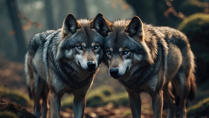 Obraz premium Two affectionate grey wolves