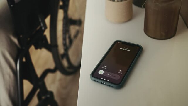 Close-up of person with reduced mobility answering unknown call, phone scam