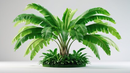 Obraz premium Traveller's palm tree set against a white background, banana tree integrated into ornamental plants in the garden.