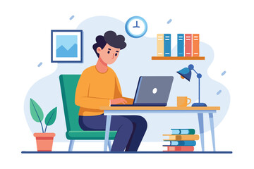 Fototapeta premium A young individual is focused on their laptop at a stylish home office desk surrounded by books, a plant, and a desk lamp, creating a productive atmosphere.