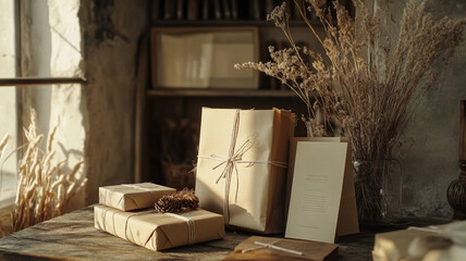 Vintage kraft paper gift wrapping with dried flowers on rustic wooden table in natural warm lighting