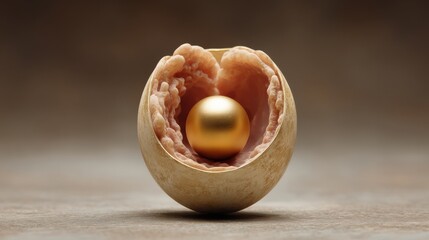 Fertility Symbolism Golden Pearl Nestled in Organic Walnut Shell - Minimalist Reproductive Health Metaphor for Wellness and Generative Design
