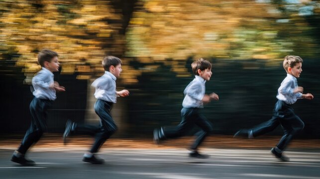 A young boy running in motion on a paved path