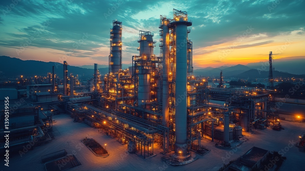 Aufkleber A large industrial facility features tall processing towers and extensive piping. The site is illuminated with warm lights as dusk settles, highlighting the mining and extraction activities nearby.