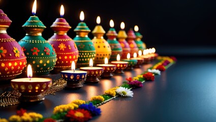 Diwali Festivities: Bright Diyas, Lanterns, Colorful Rangoli, and Floral Decorations, Celebrating Hindu Traditions