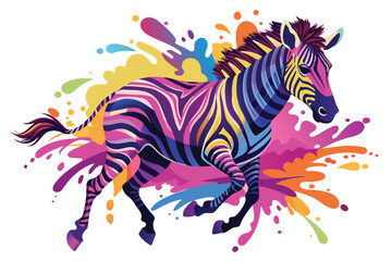 Obraz premium A zebra is depicted in vibrant colors, running energetically through a splash of diverse hues, showcasing creativity in art and design.