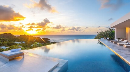 Obraz premium Luxurious Infinity Pool Overlooking Stunning Ocean Sunset with Dramatic Sky and Serene Landscape