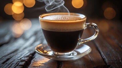 Fototapeta premium A detailed view of a hot black coffee in a clear glass mug placed on a wooden table, featuring a creamy froth layer and rising steam.